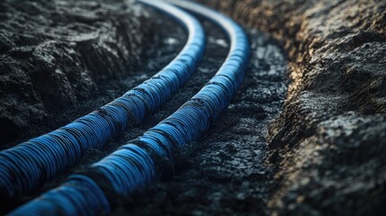 Multiple blue fiber optic cables are laid in a trench, representing high-speed internet infrastructure and the future of digital connectivity and communication technology