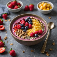 Colorful smoothies Garnish with fresh fruit and granola A photo of a blueberry milkshake smoothie bowl topped with fresh raspberries, and chia seeds, on a rustic wooden table.