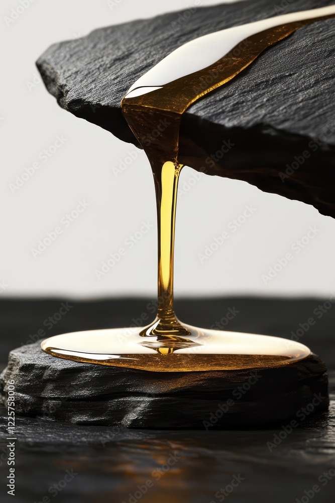 Wall mural Golden Liquid Pouring on Black Stone Elegant Abstract Background Texture oil drip flow dark life    