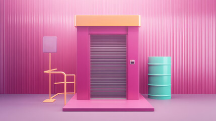 Pink and purple room interior with a pink and orange elevator, a teal barrel, and gold metal furniture. Soft lighting, 3D render.