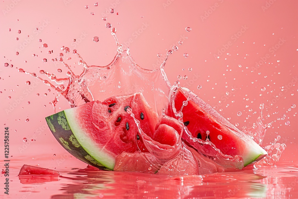 Poster refreshing red watermelon slices making a splash on a pink background