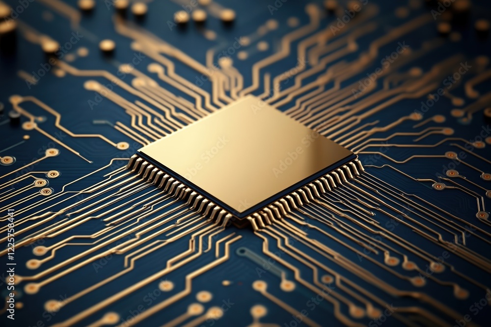 Aufkleber close-up view of a gold processor on a blue circuit board showcasing intricate technology and innova