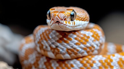 Obraz premium Orange snake coiled, close-up, dark background, nature wildlife