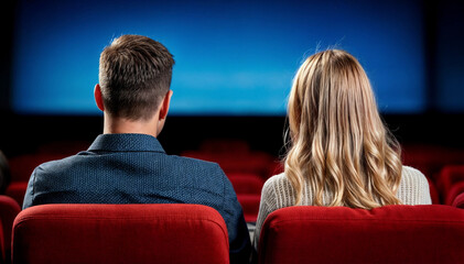 Romantisches Kinodate - verliebtes Paar im Kino von hinten mit platz für text
