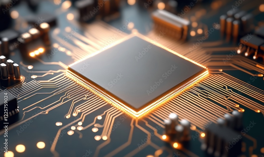 Poster glowing microchip illuminates a network of intricate connections showcasing the future of technology