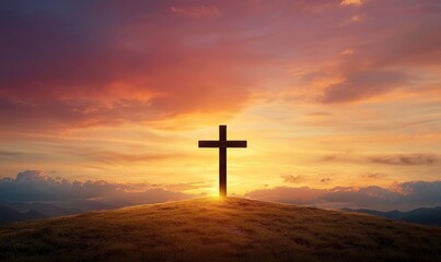 Crucifixion of Jesus Christ symbolized by a cross illuminated by a breathtaking sunset on a tranquil horizon