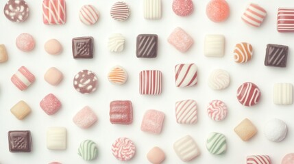 Obraz premium Assorted hard candies in various shapes and pastel colors arranged on a white background.