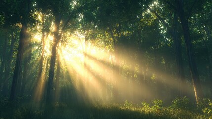Sunbeams through misty forest at dawn; nature peace