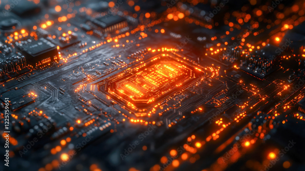 Poster high-tech computer chip with glowing orange circuits, symbolizing advanced computing