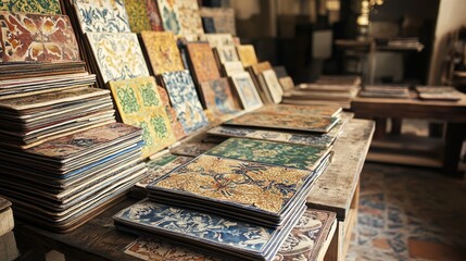 Fototapeta premium Diverse array of Portuguese tilesshowcasing intricate patterns and vibrant colors that reflect centuries of cultural heritage and artistic craftmanship
