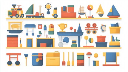 Obraz premium Colorful Playroom Setup with Toys, Shelf, Chair, Boards, Carpet, and Boxes for Children's Creative Activities