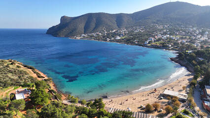 Aerial drone photo of clear water sandy beach in Avlaki, Porto Rafti, Mesogeia, Attica, Greece