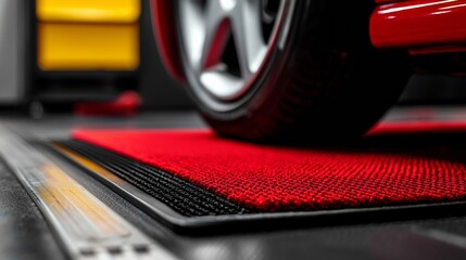 Close up view of a red car tire on a red and black textured floor mat in a garage setting. The background includes part of a yellow car, adding a contrasting element to the scene.