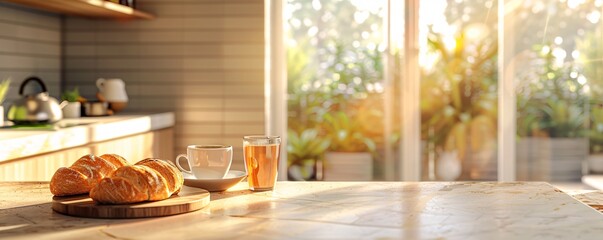 Delightful breakfast awaits on the counter on a beautiful sunny morning