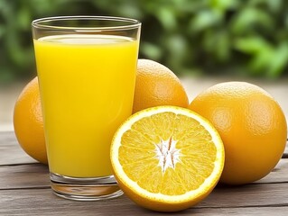 Fresh Orange Juice with Ripe Oranges on Wooden Table