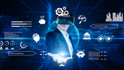 Fototapeta premium Smart businessman wearing suit and VR goggle while using AI assistance planning plan. Project manager generating data by using augmented reality glasses while holding at glowing hologram. Ingenuity.