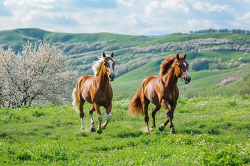 Fototapeta premium Two horses gallop joyfully across a lush green pasture, surrounded by vibrant blooming hills under a clear blue sky, showcasing the beauty of nature in full bloom