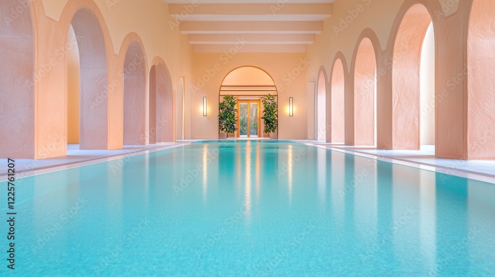 Poster indoor turquoise swimming pool in a building with arched peach colored columns and soft lighting. tr