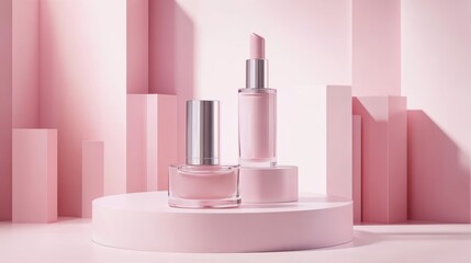 Cylindrical stand podium for displaying cosmetics and product on abstract background in pink pastel colors