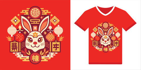 Cheerful Year of the Rabbit Design Chinese New Year 2023 Illustration, Modern Rabbit, Lanterns, Festive Ornament, T-Shirt Graphic