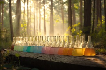 A row of colorful Erlenmeyer flasks filled with liquids sits on a forest log, bathed in sunlight.