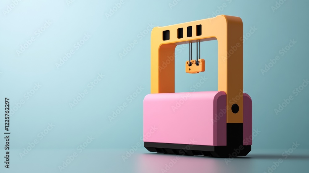 Poster pink and orange 3d rendered model of a small, simple machine against a light blue background. the ma