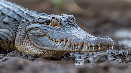 Naklejka premium Saltwater crocodile in the mud mouth open close up photo