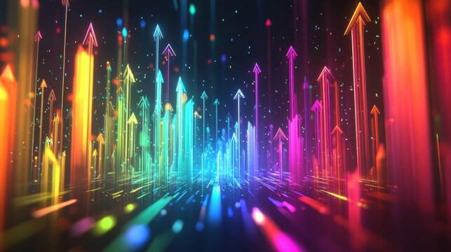 Bright neon arrows rising up symbolizing positive growth, success, and progress in business, finance, and other ventures, creating a vibrant and dynamic visual