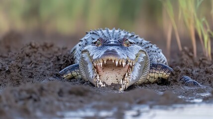 Obraz premium Saltwater crocodile in the mud mouth open close up photo
