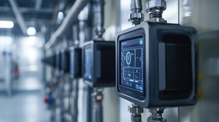 Advanced gas leak detection sensors with digital displays are installed in a natural gas facility, showcasing industrial safety and modern monitoring technology