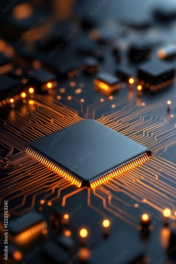Poster futuristic microchip with glowing circuits expands vision of technological innovation and digital co