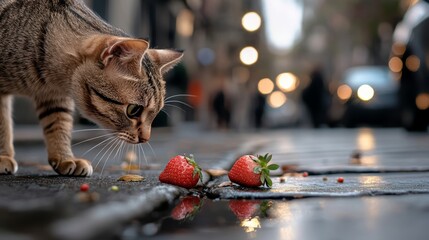 Curious cat explores street while searching for fresh strawberries on a cloudy day