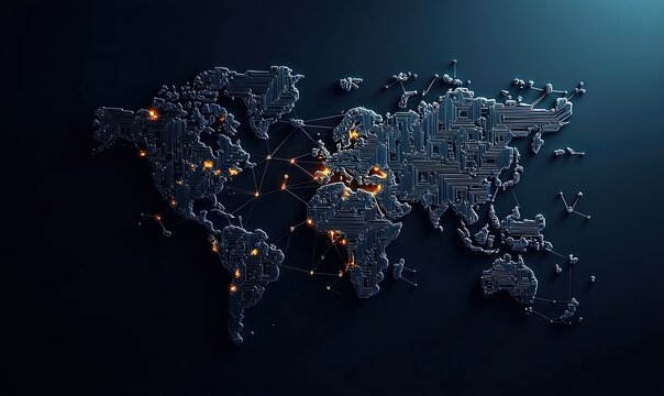 Digital network connections illuminate a global landscape with intricate circuitry design - Powered by Adobe