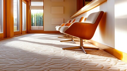 Sunlit Modern Interior With Mid Century Armchairs And Textured Carpet