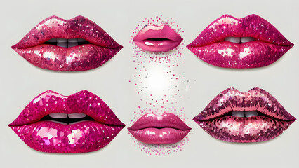  Vibrant glittery pink lips, element set on transparent background, high resolution