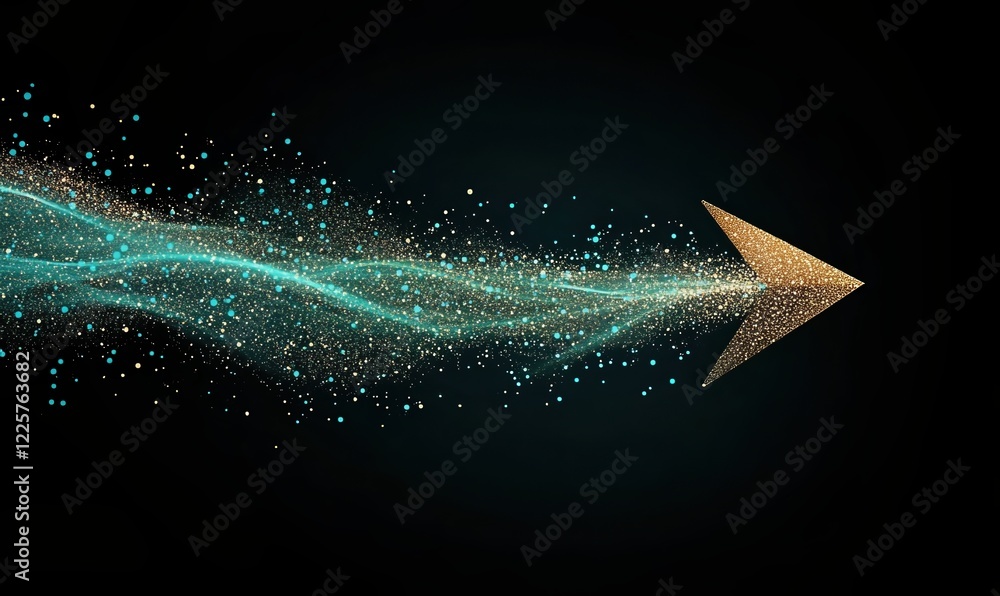 Poster glowing digital arrow streams through vibrant particles, illustrating data flow and technological in