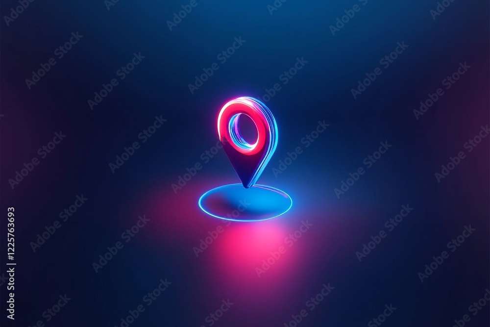 Poster neon glowing map pointer location pin icon digital art 3d gps app red blue pink light shiny color
