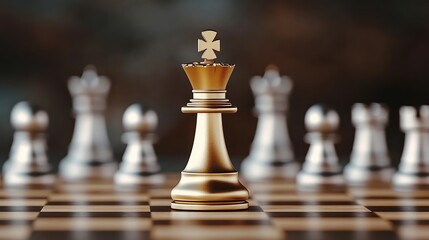 Golden chess queen dominates the board, symbolizing power, focus, and excellence among silver counterparts