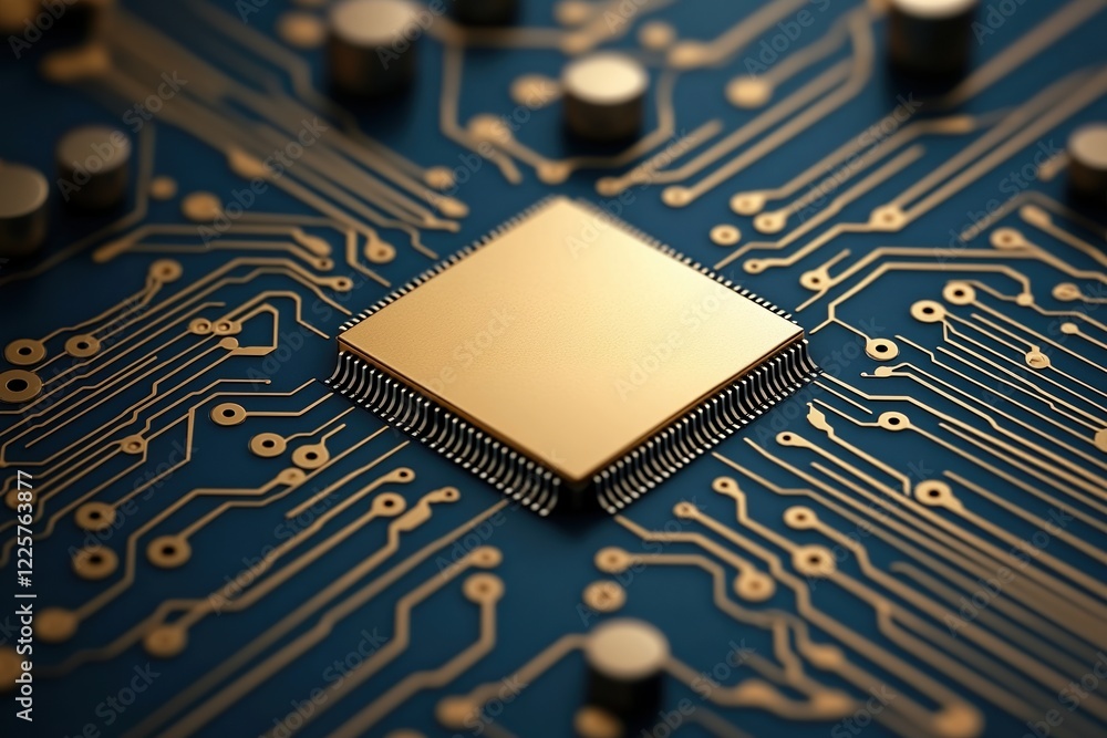 Poster intricate connections of a gold processor on a blue circuit board showcasing advanced technology and