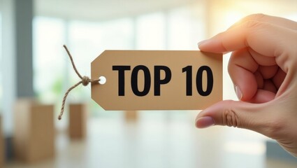 Closeup of a hand holding a top 10 paper tag