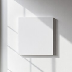 Blank square canvas on white wall with sunlight.