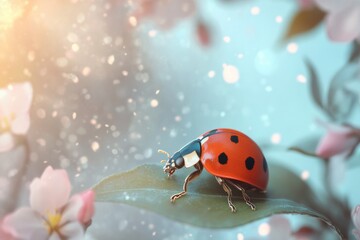 Fototapeta premium A tiny ladybug explores a lush green leaf while beautiful spring flowers bloom in the background, showcasing nature's colors in stunning detail during the spring season. With copy space for text