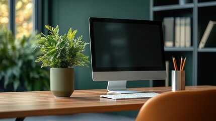 Modern workspace featuring a sleek green desk with a computer display and decorative plant at twilight
