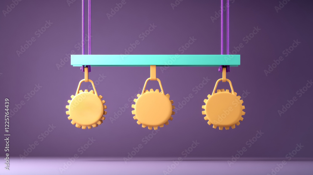 Poster three gold circular objects hang from a teal bar suspended by purple chains against a deep purple ba