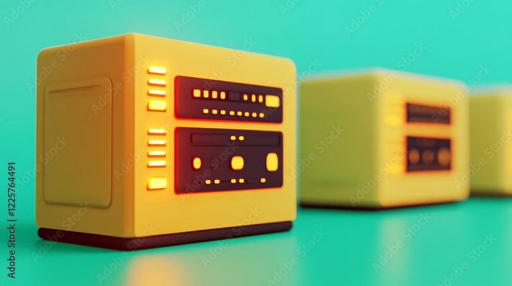 Poster three yellow cubic devices with glowing orange details sit on a teal surface. the focus is on the cl