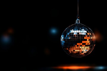 Obraz premium Disco Ball Hanging Dark Background Nightclub Party Festive Elegant Mirror Ball 70s 80s fun gold blue