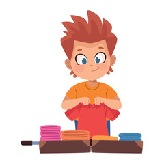 Red Haired Boy Packing Clothes in Suitcase