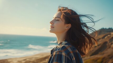 Portrait of the beautiful woman at the windy spring day relaxing on coast. Travel, weekend, relax and lifestyle concept.