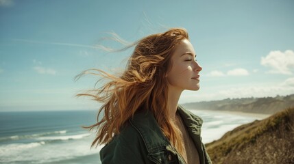 Obraz premium Portrait of the beautiful woman at the windy spring day relaxing on coast. Travel, weekend, relax and lifestyle concept.