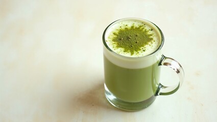 A creamy keto matcha latte with almond milk, topped with a frothy layer and a sprinkle of matcha powder, served in a clear glass mug